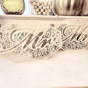 NEWLYWED Laser etched Victorian-style "Mr. & Mrs." Chair labels